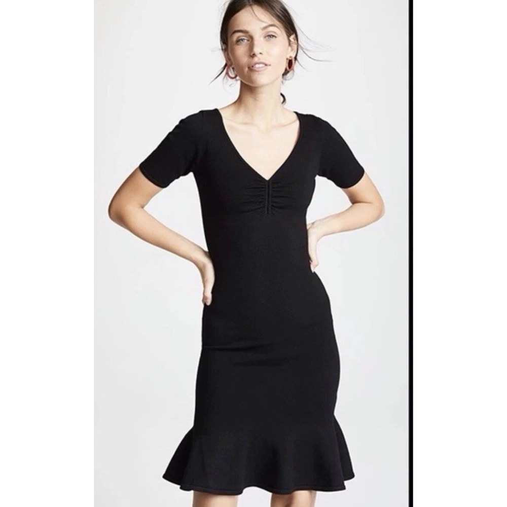 Milly Dress Sz P Black Shirred VNeck Flounce Hem Knit NWT LBD Minimalist $295